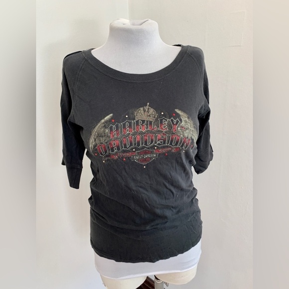 VTG y2k 2000s Harley Davidson Sexy Rhinestone Top Baby Tee Angel Wings San Diego - Picture 2 of 11